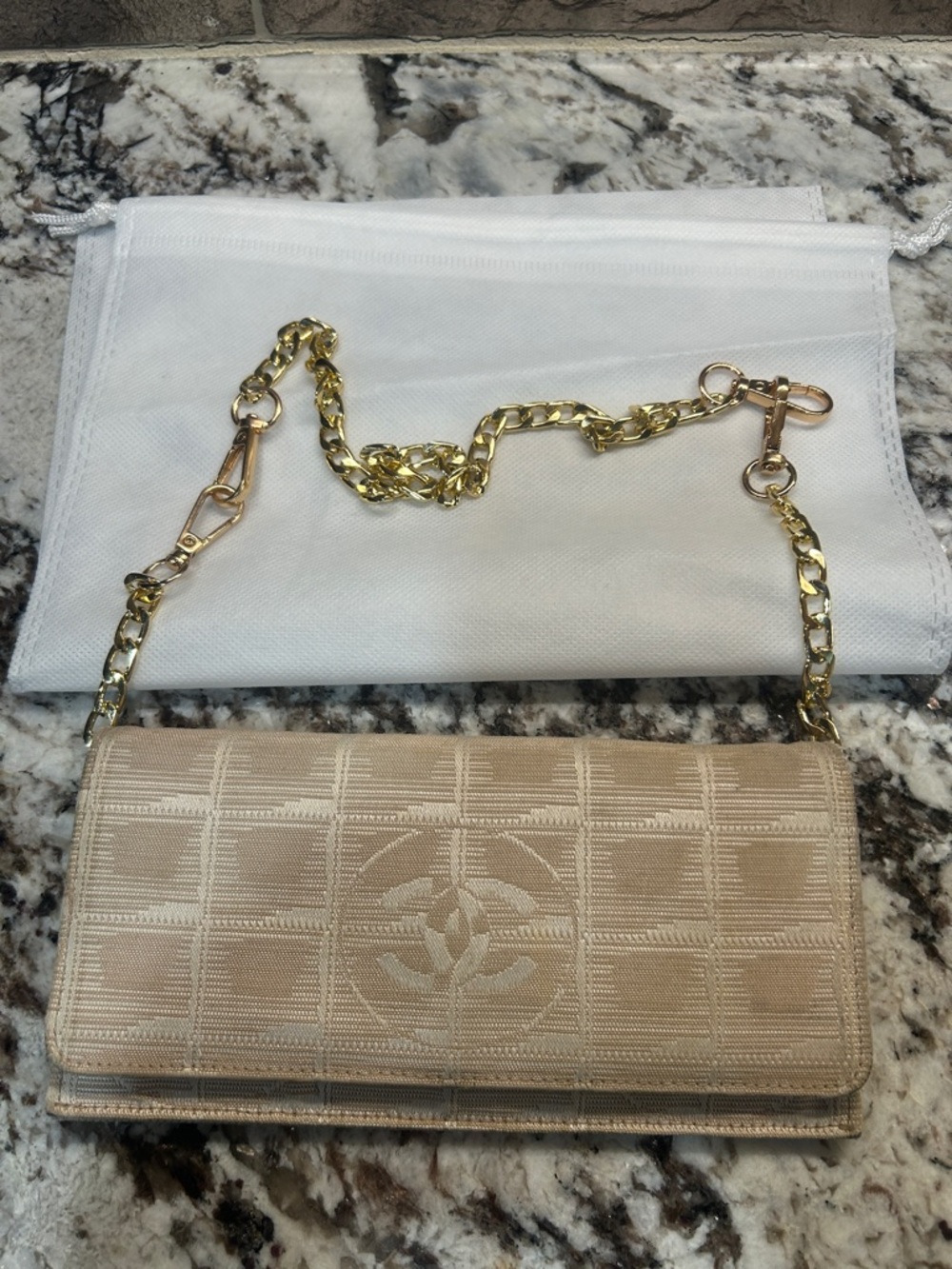 CHANEL Beige Quilted CC Logo Chain Crossbody Wallet